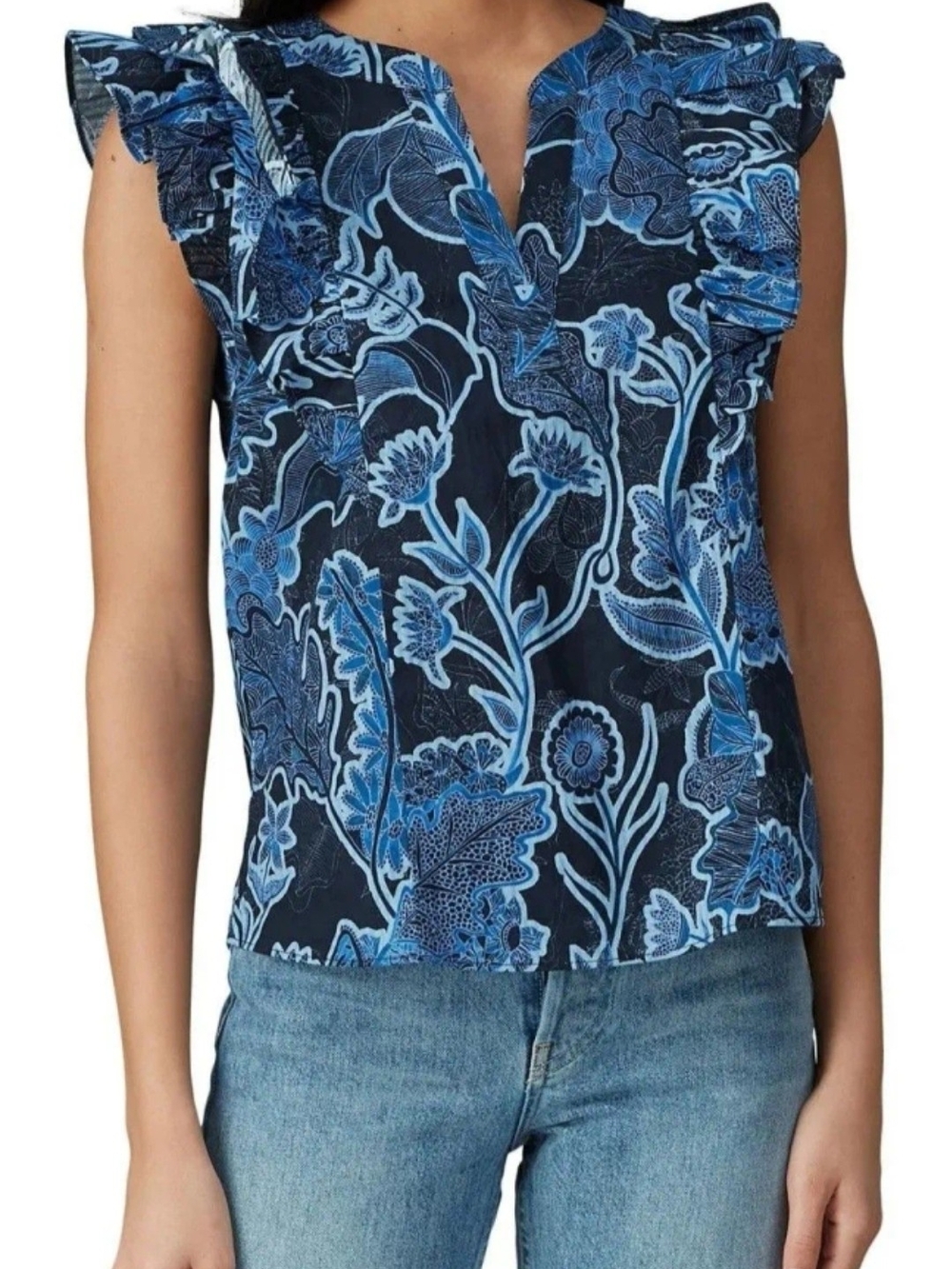 Parker 'Mindy' Blue Floral Ruffle-Sleeve Camisole NWOT, MSRP $228